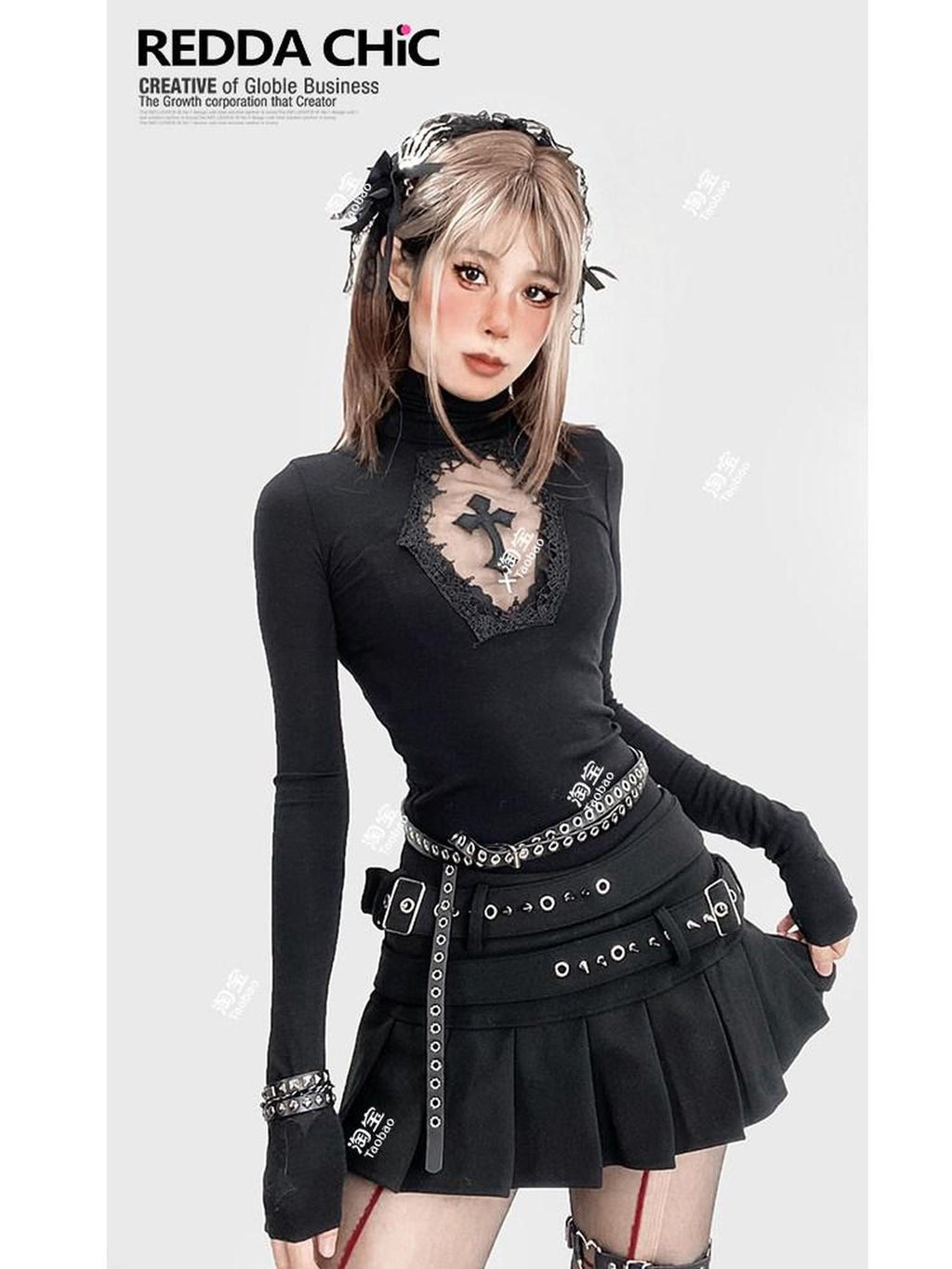 ReddaChic Durable Embroidered Cross Slim High Neck Sexy Black Youth Short Sleeve T-Shirts