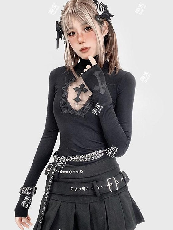 ReddaChic Durable Embroidered Cross Slim High Neck Sexy Black Youth Short Sleeve T-Shirts
