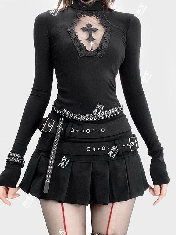 ReddaChic Durable Embroidered Cross Slim High Neck Sexy Black Youth Short Sleeve T-Shirts