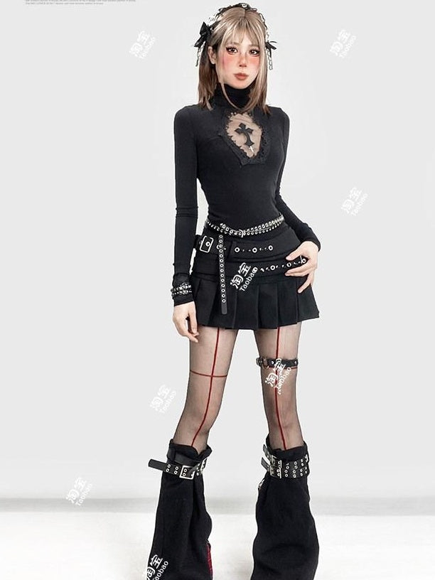 ReddaChic Durable Embroidered Cross Slim High Neck Sexy Black Youth Short Sleeve T-Shirts