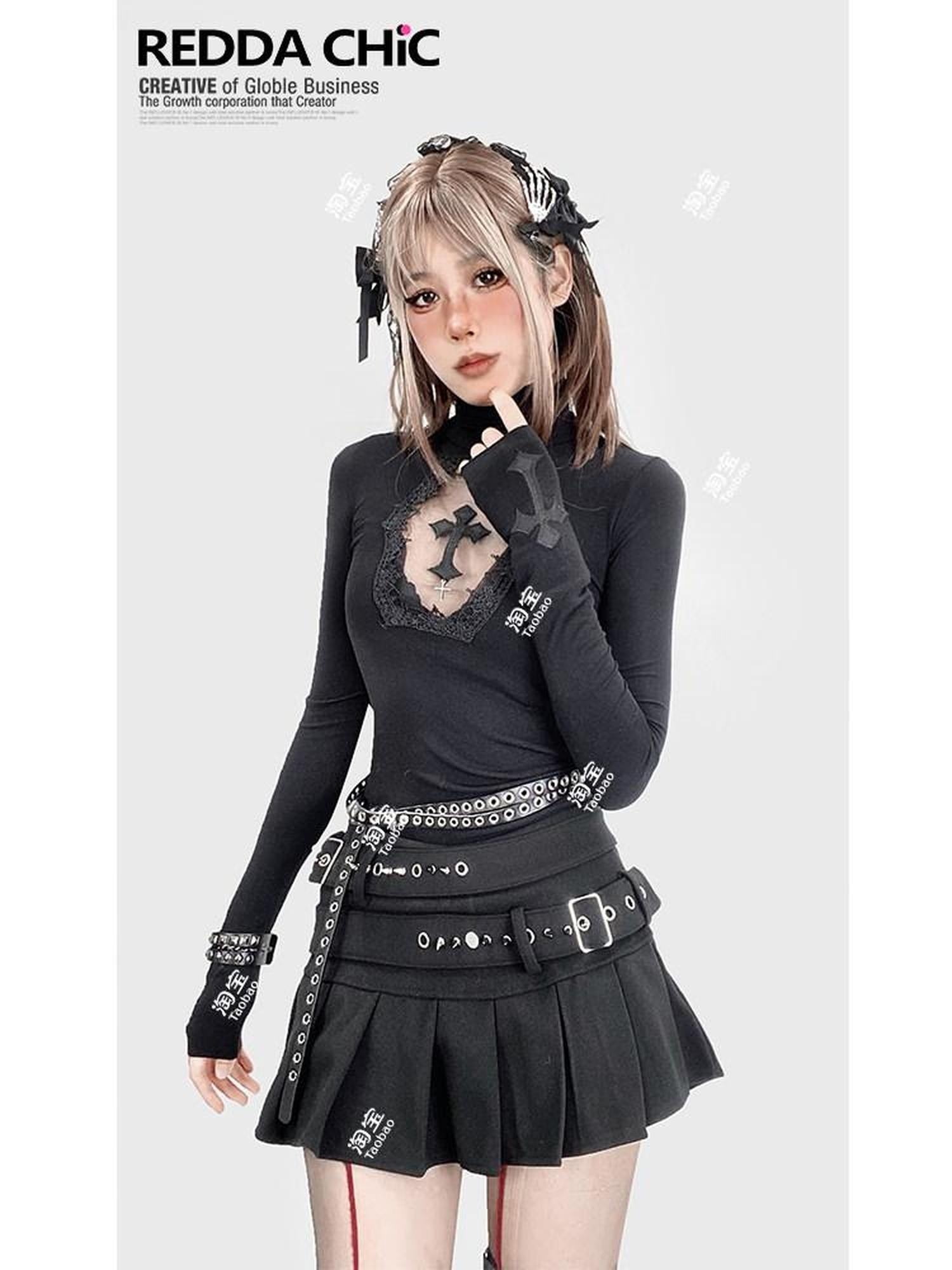 ReddaChic Durable Embroidered Cross Slim High Neck Sexy Black Youth Short Sleeve T-Shirts