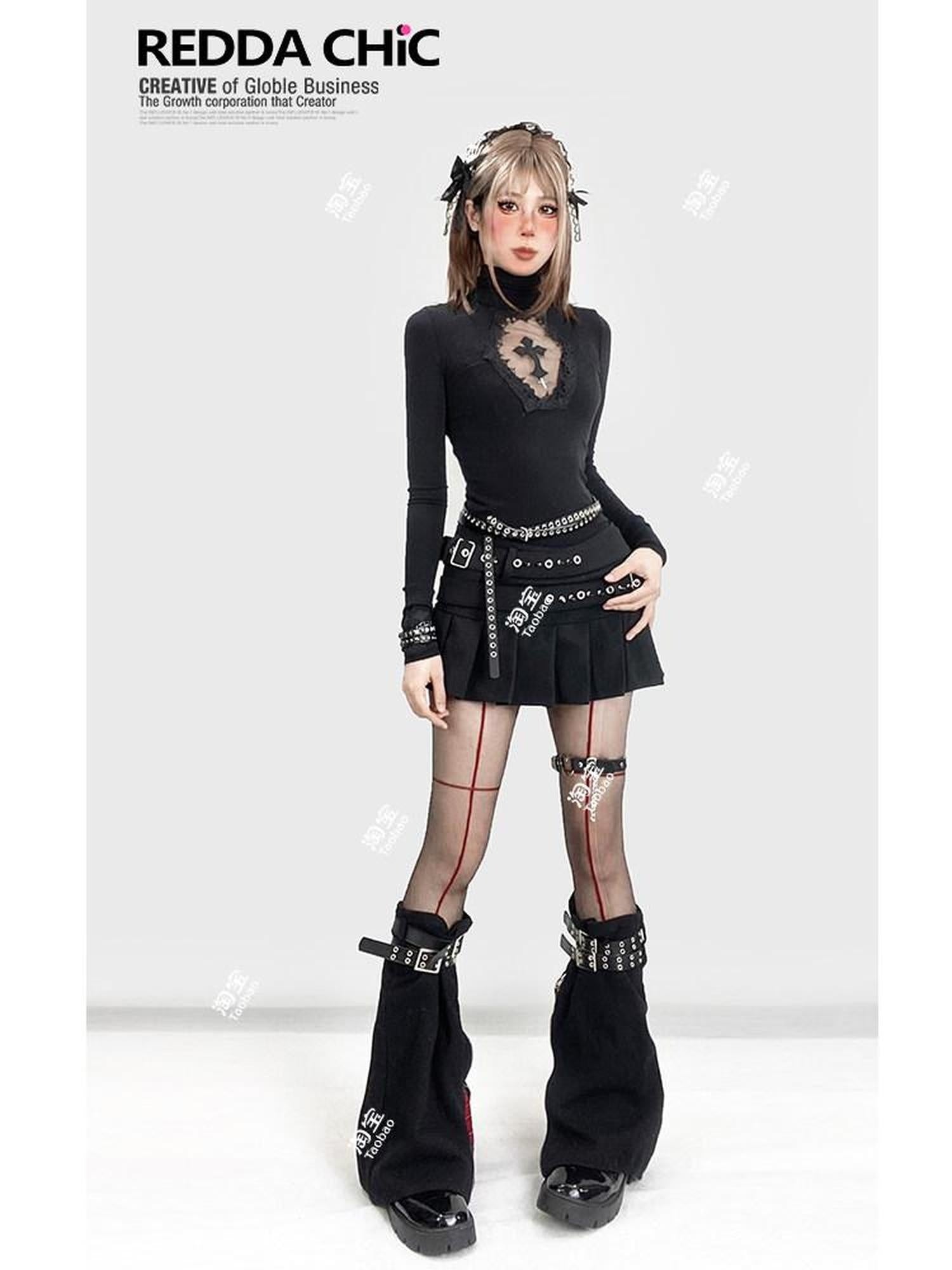 ReddaChic Durable Embroidered Cross Slim High Neck Sexy Black Youth Short Sleeve T-Shirts