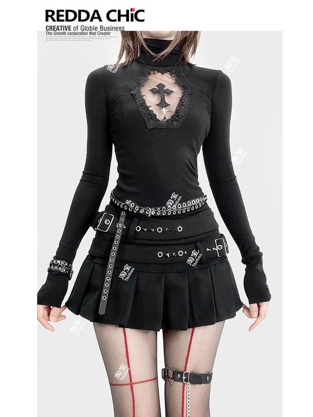 ReddaChic Durable Embroidered Cross Slim High Neck Sexy Black Youth Short Sleeve T-Shirts