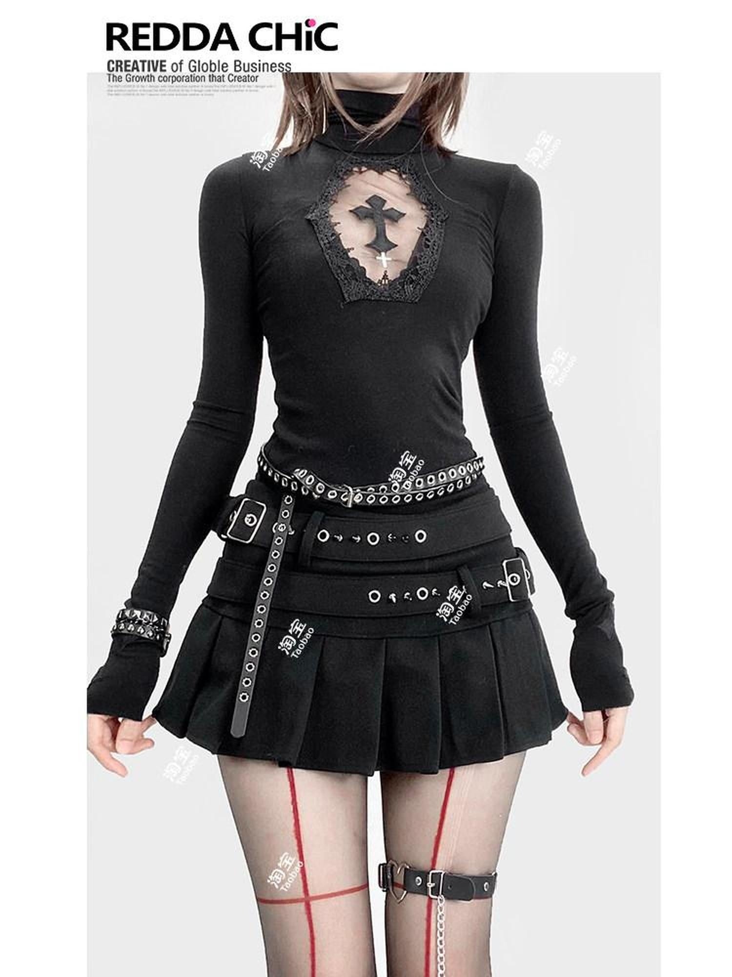 ReddaChic Durable Embroidered Cross Slim High Neck Sexy Black Youth Short Sleeve T-Shirts