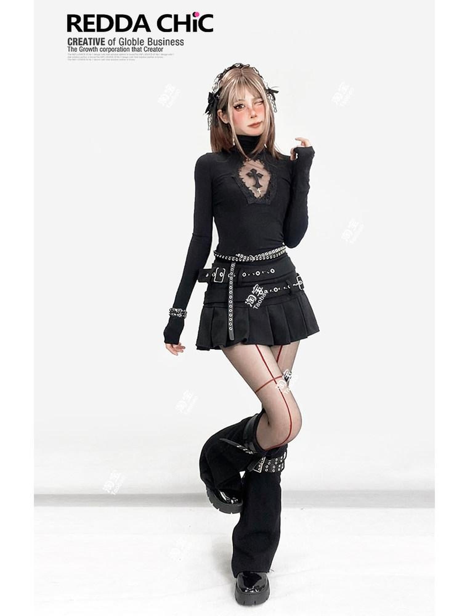 ReddaChic Durable Embroidered Cross Slim High Neck Sexy Black Youth Short Sleeve T-Shirts