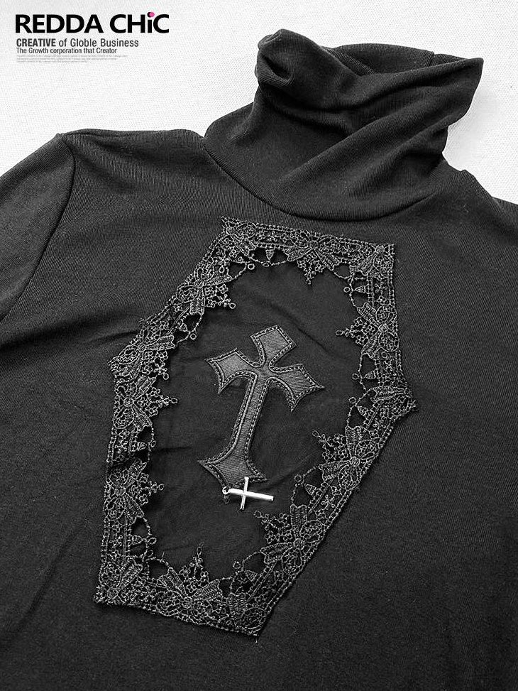 ReddaChic Durable Embroidered Cross Slim High Neck Sexy Black Youth Short Sleeve T-Shirts