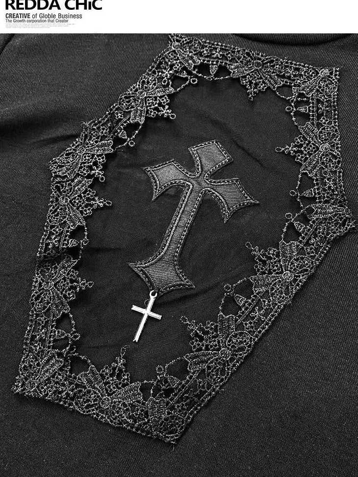 ReddaChic Durable Embroidered Cross Slim High Neck Sexy Black Youth Short Sleeve T-Shirts