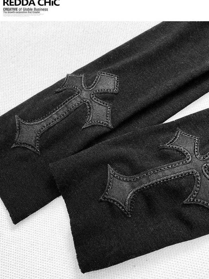 ReddaChic Durable Embroidered Cross Slim High Neck Sexy Black Youth Short Sleeve T-Shirts