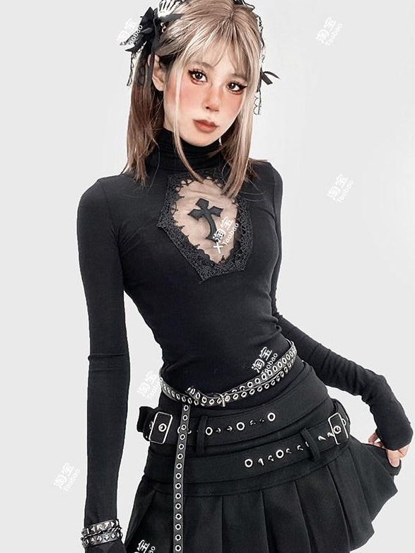 ReddaChic Durable Embroidered Cross Slim High Neck Sexy Black Youth Short Sleeve T-Shirts