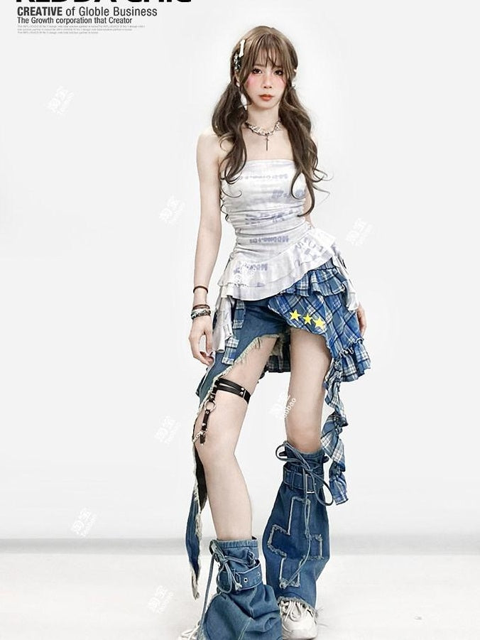 ReddaChic Dyed Denim Slim Fit Natural Waist Non Stretch Light Wash Girls Maxi Skirts