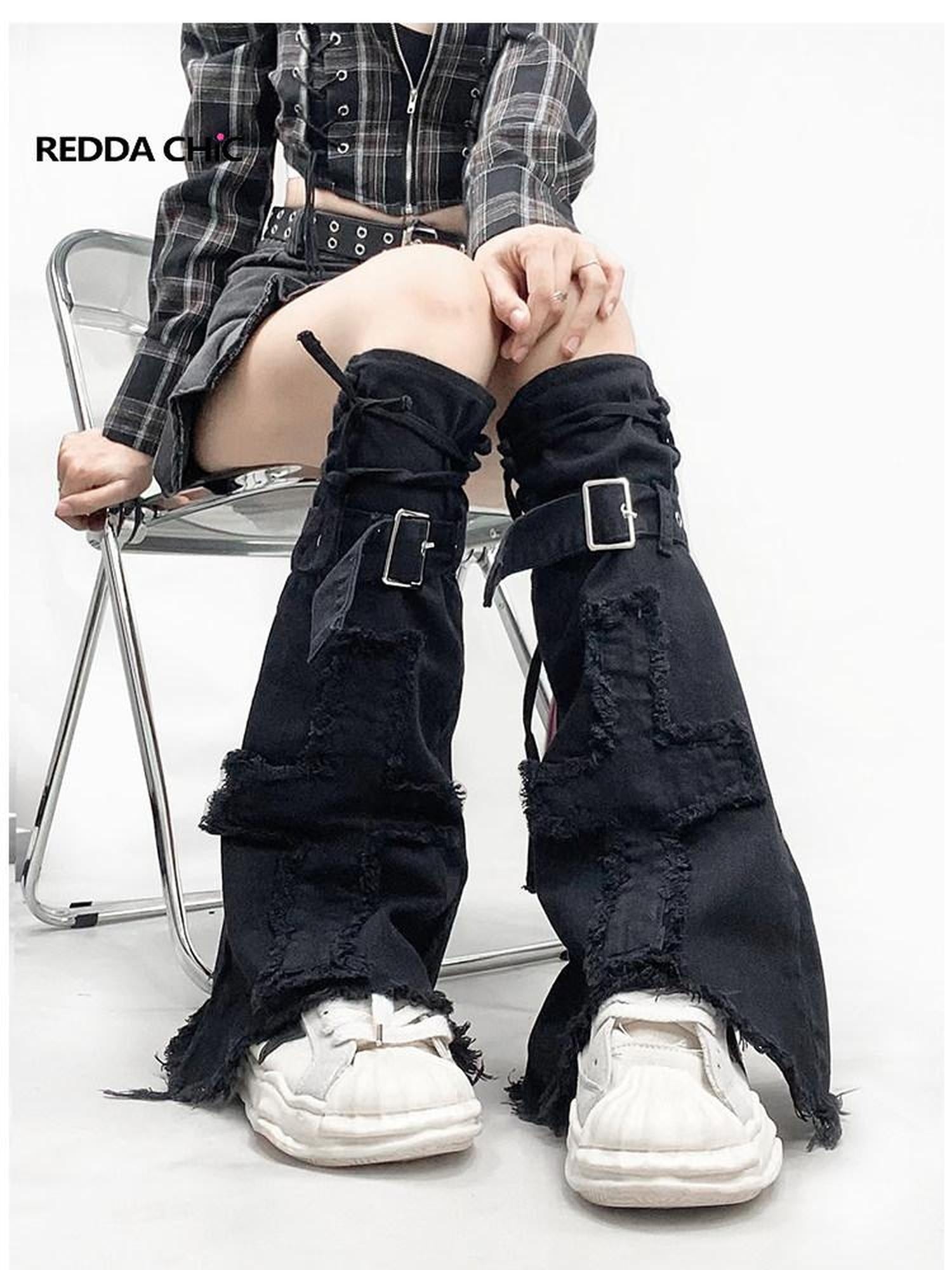 ReddaChic Edgy Denim Patch Applique Slim Fit Black One Size Women Tops Camisoles