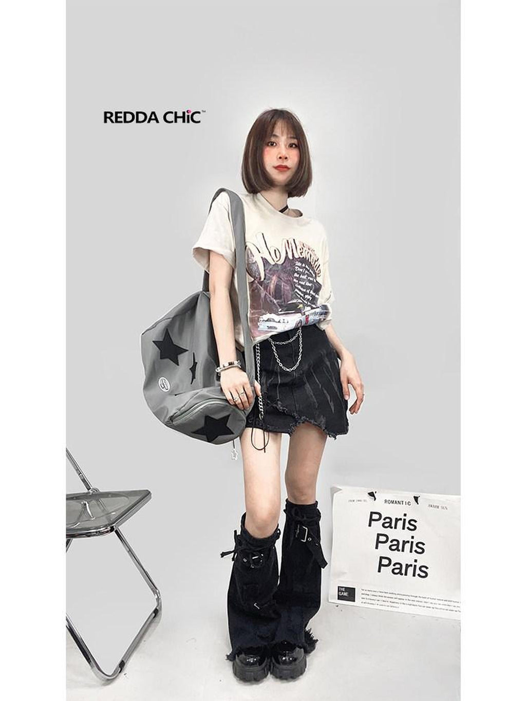 ReddaChic Edgy Denim Patch Applique Slim Fit Black One Size Women Tops Camisoles