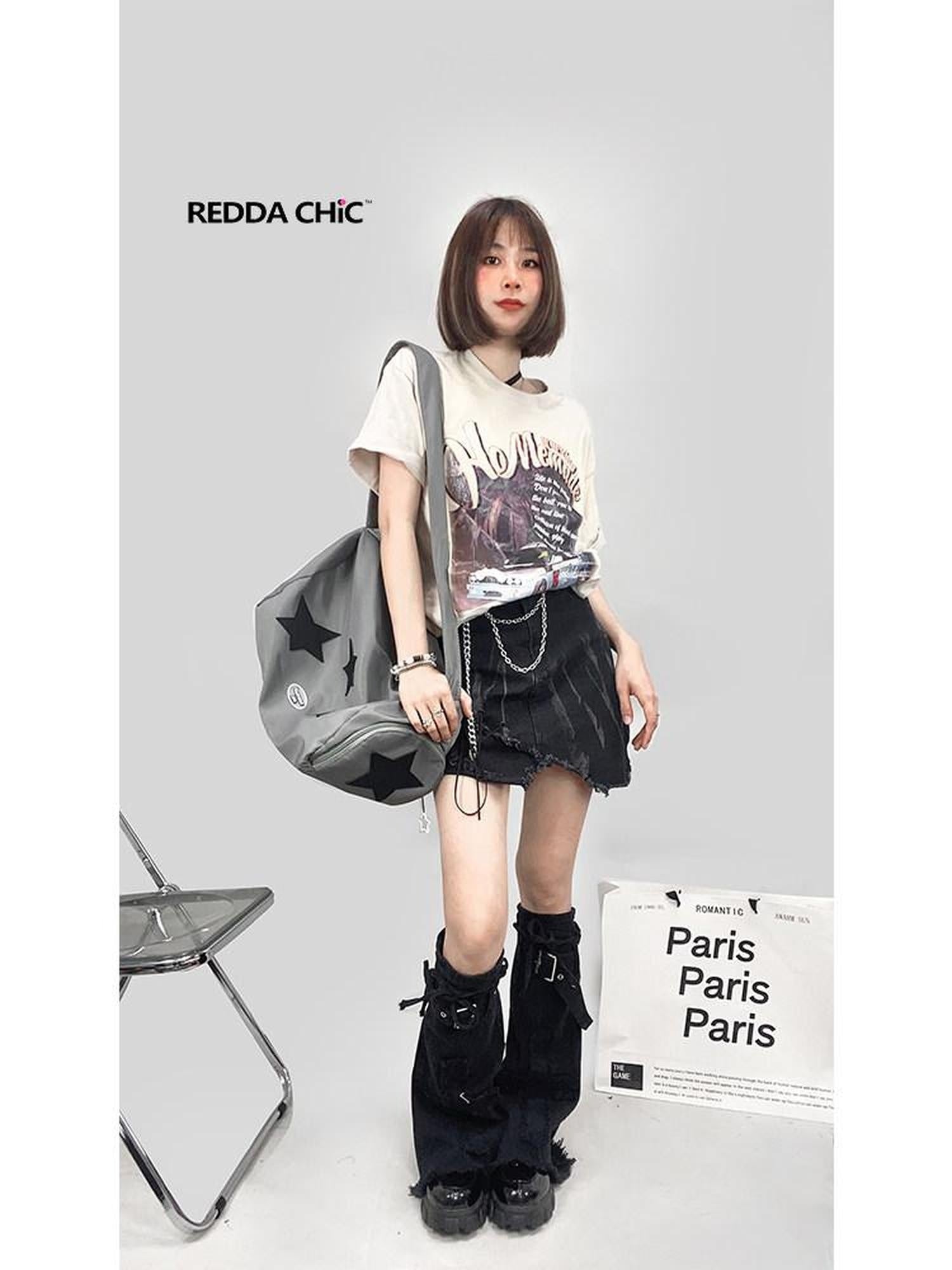 ReddaChic Edgy Denim Patch Applique Slim Fit Black One Size Women Tops Camisoles