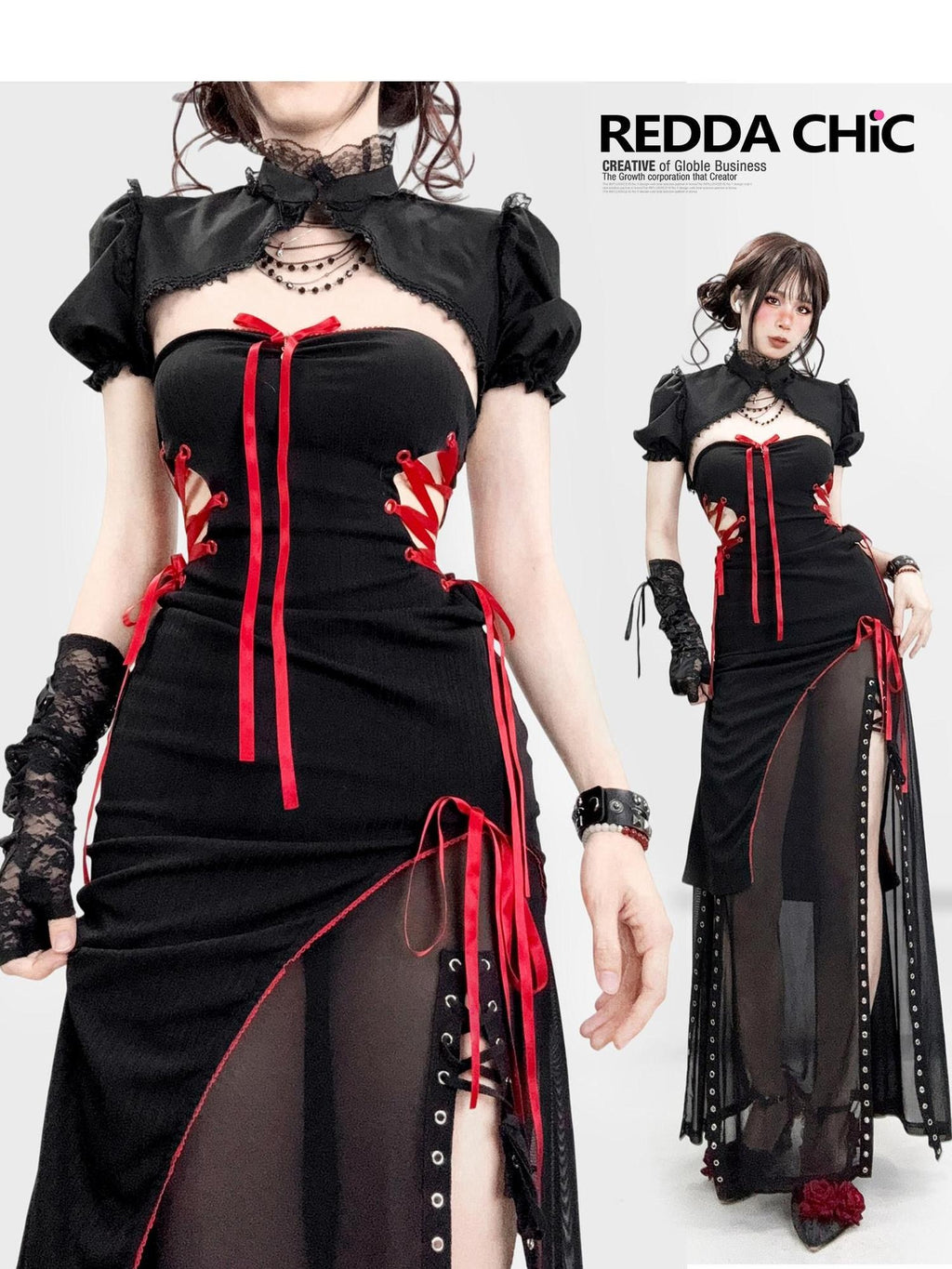 ReddaChic Edgy Gothic Colorblock Slim Fit Casual Women 3Pc Set Short Sleeve T-Shirts