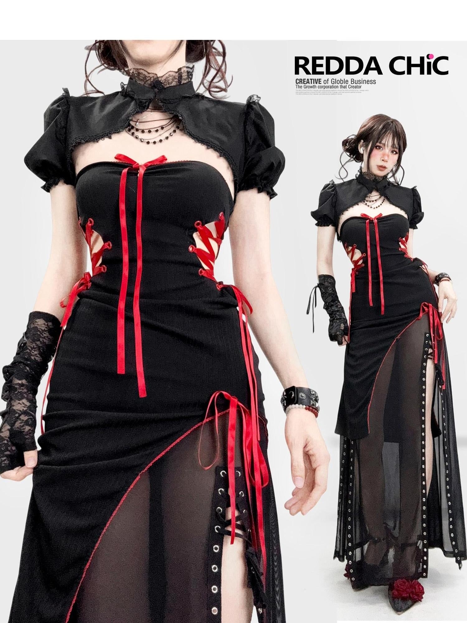 ReddaChic Edgy Gothic Colorblock Slim Fit Casual Women 3Pc Set Short Sleeve T-Shirts