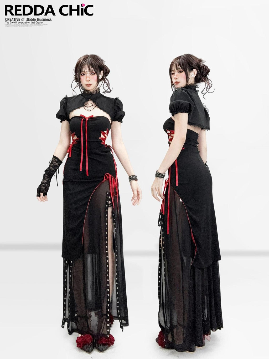 ReddaChic Edgy Gothic Colorblock Slim Fit Casual Women 3Pc Set Short Sleeve T-Shirts