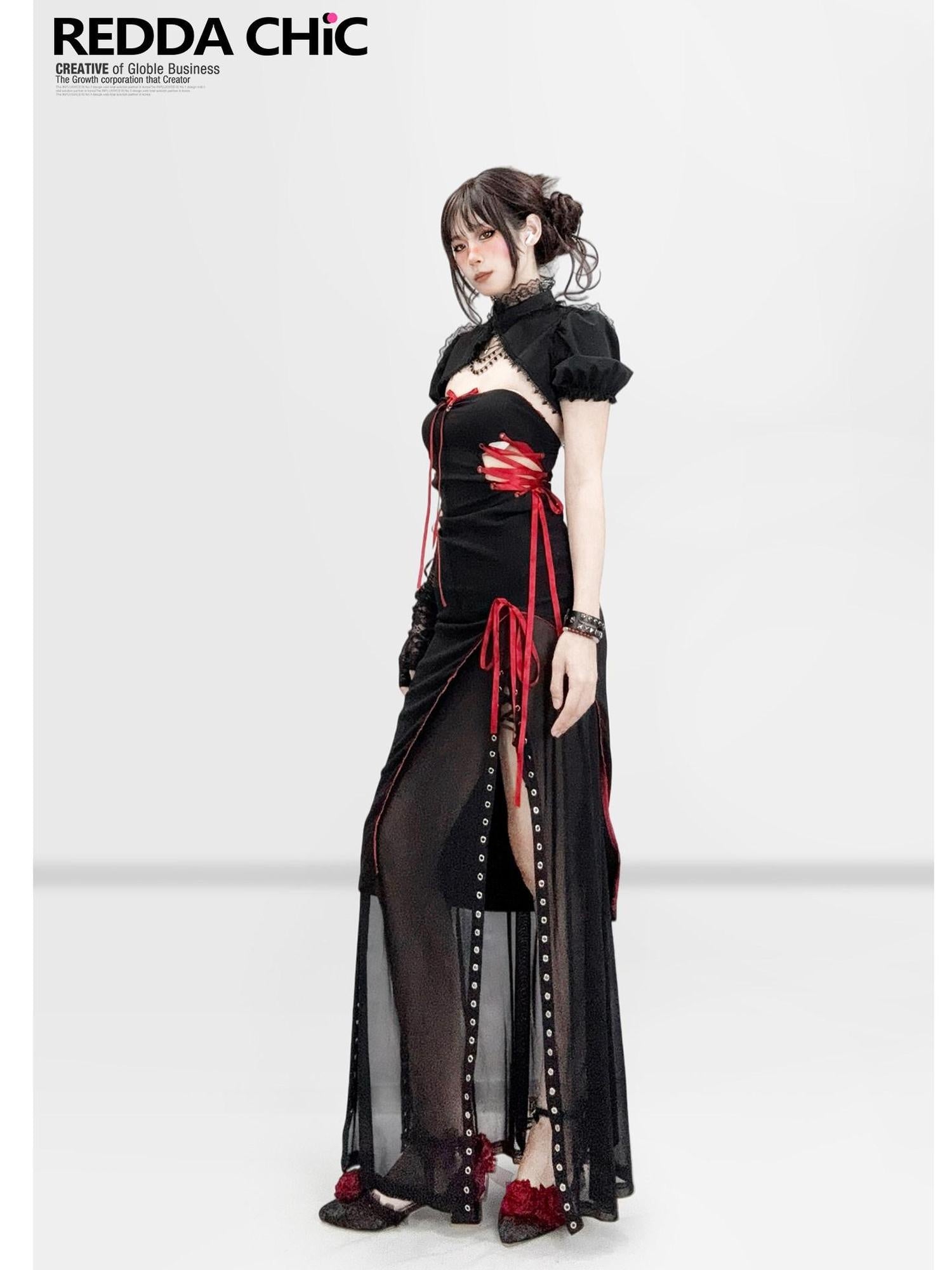 ReddaChic Edgy Gothic Colorblock Slim Fit Casual Women 3Pc Set Short Sleeve T-Shirts