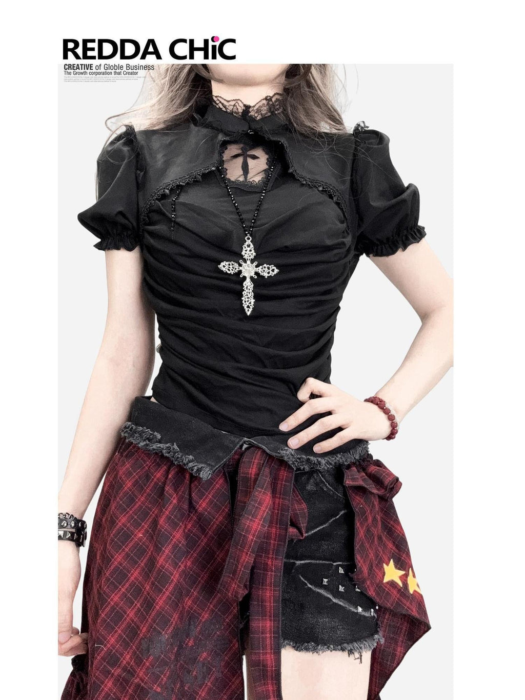 ReddaChic Edgy Gothic Slim Fit Tailored Women Size S M L Mixed Fabric Denim Shorts