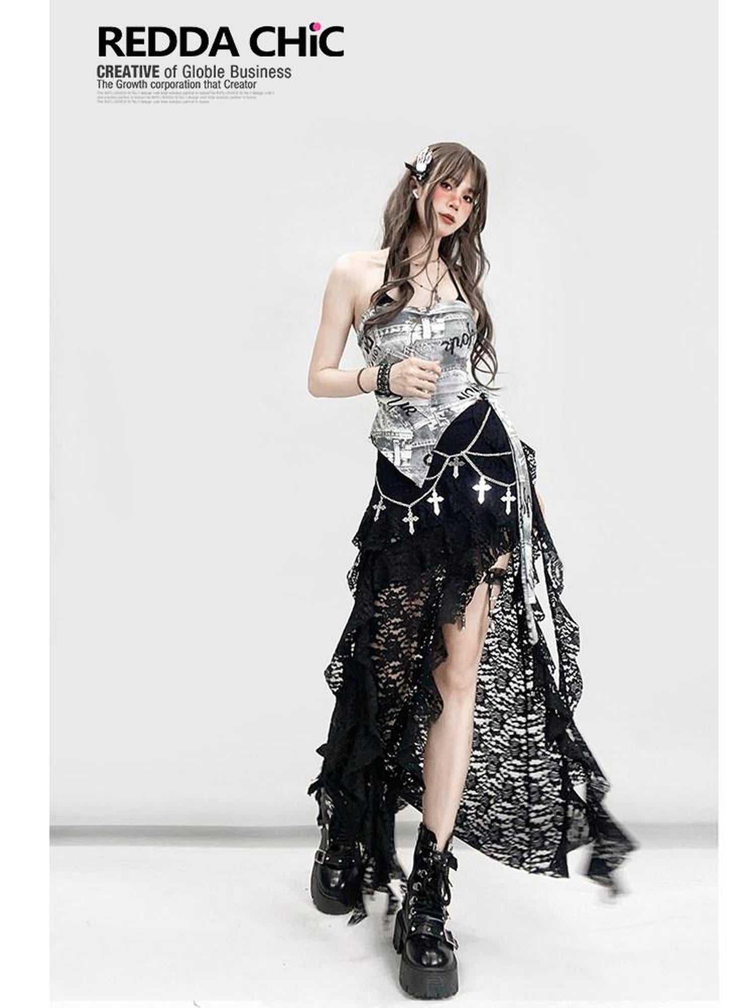 ReddaChic Edgy Letter Print Suspender Short Street Style Women Black Midi Skirts