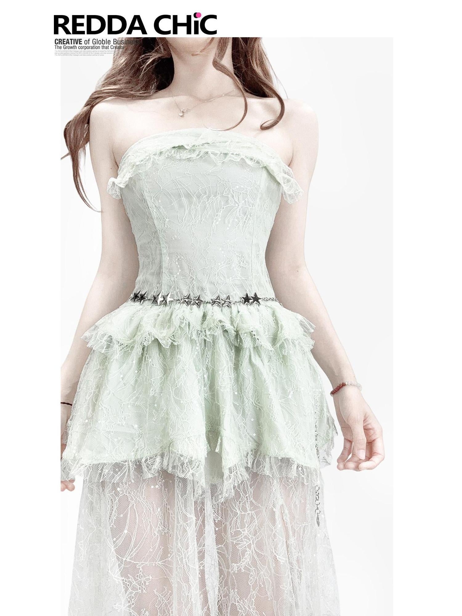 ReddaChic Elegant Sequin Lace Sleeveless Slim Puff Skirt Party Mint Green Top & Skirt Sets