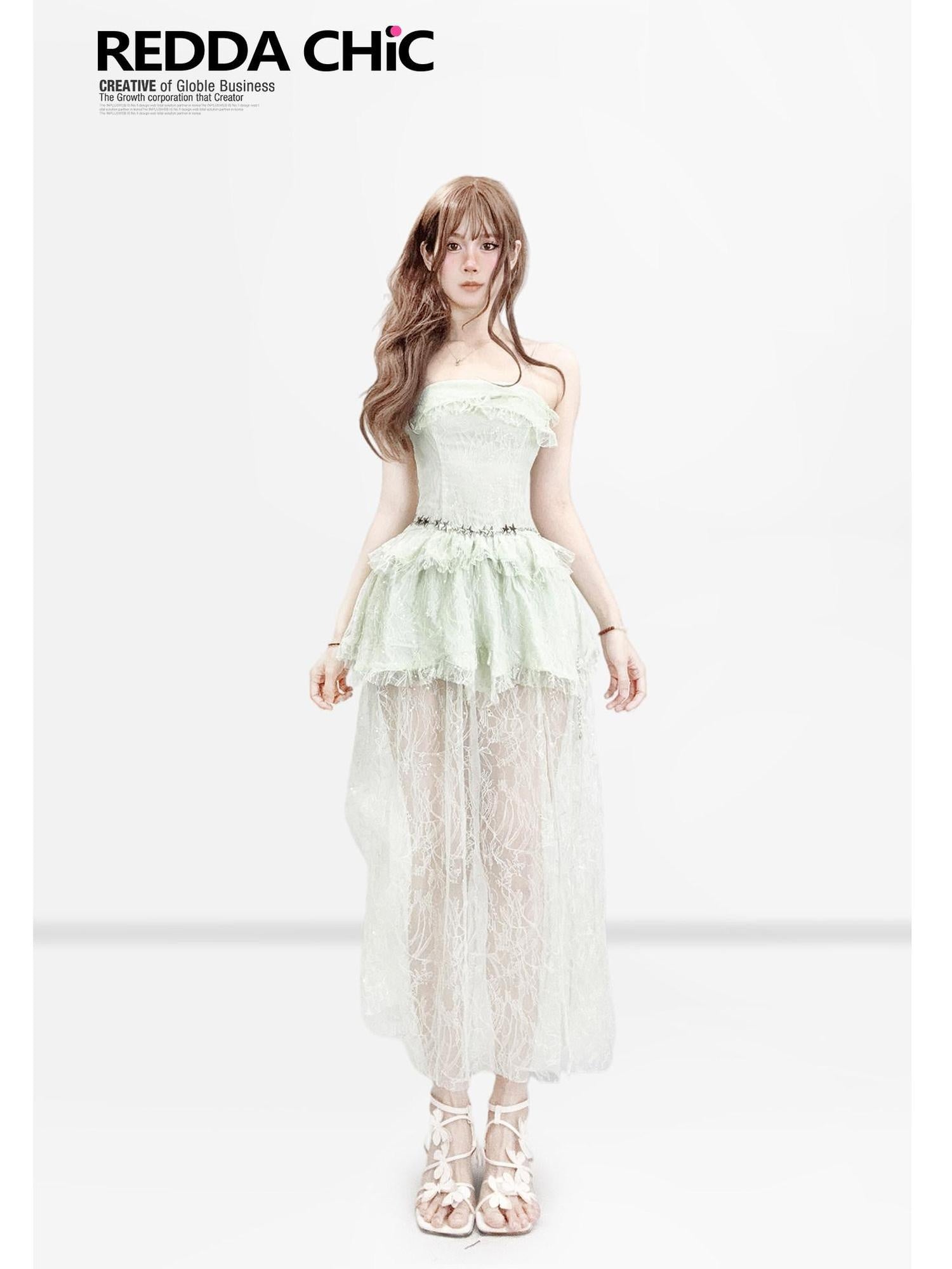 ReddaChic Elegant Sequin Lace Sleeveless Slim Puff Skirt Party Mint Green Top & Skirt Sets