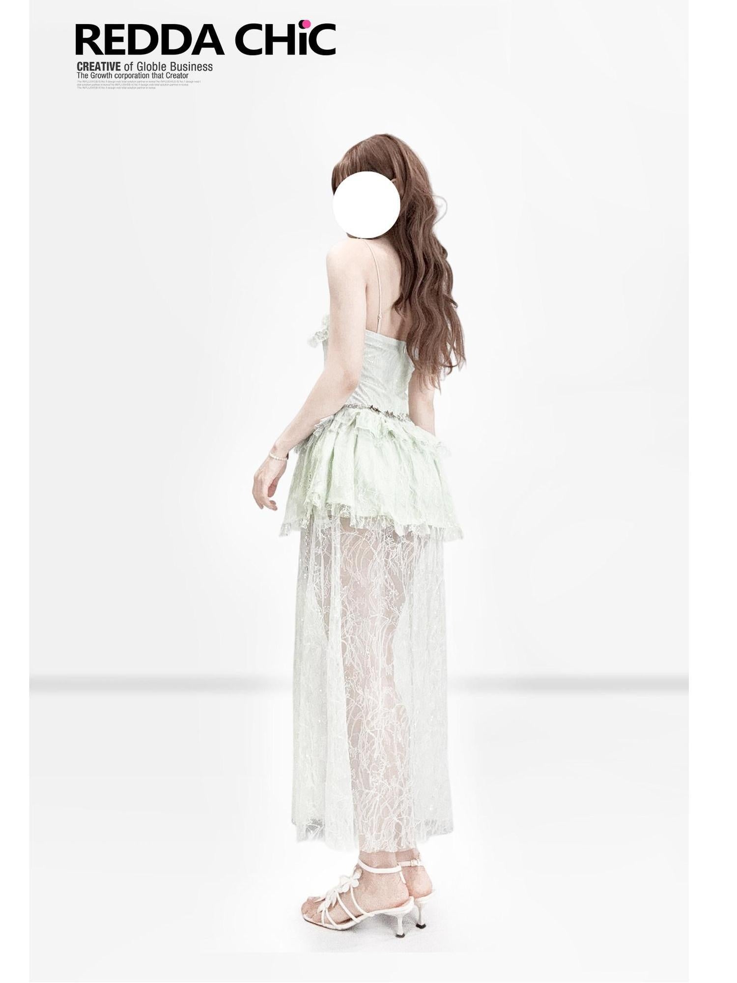 ReddaChic Elegant Sequin Lace Sleeveless Slim Puff Skirt Party Mint Green Top & Skirt Sets