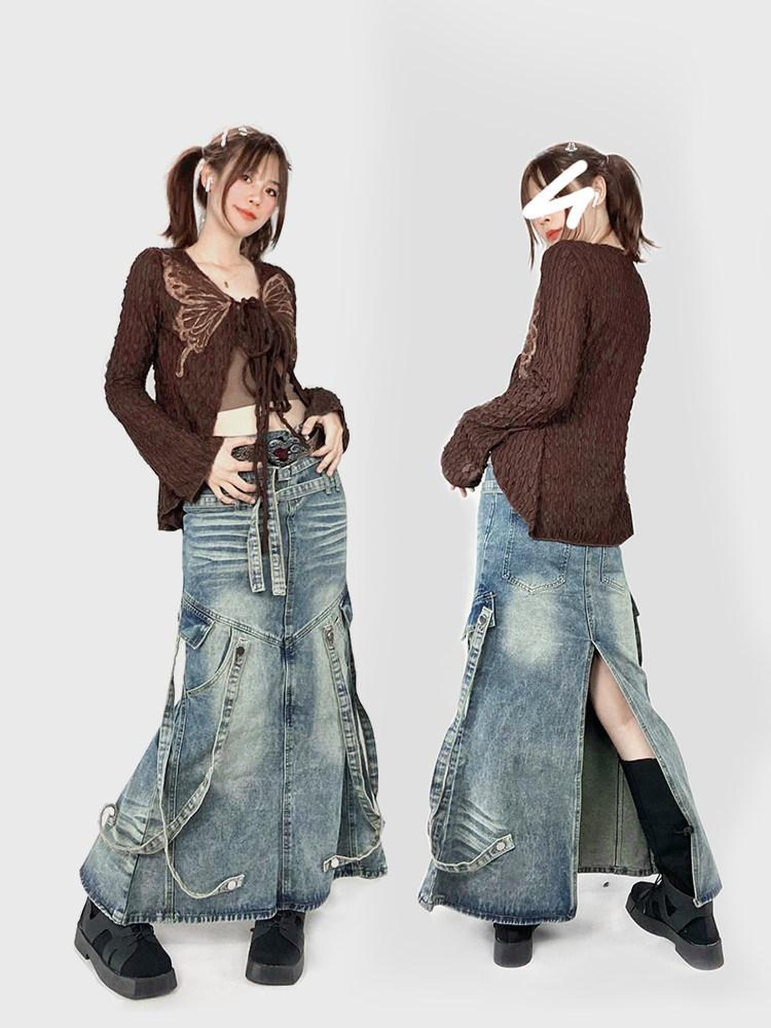 ReddaChic Embroidered Animal Print Slim Fit Urban Streetwear Women Dark Brown Maxi Skirts