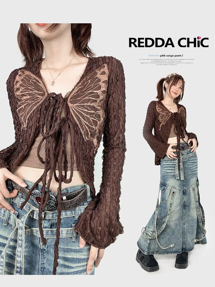 ReddaChic Embroidered Animal Print Slim Fit Urban Streetwear Women Dark Brown Maxi Skirts