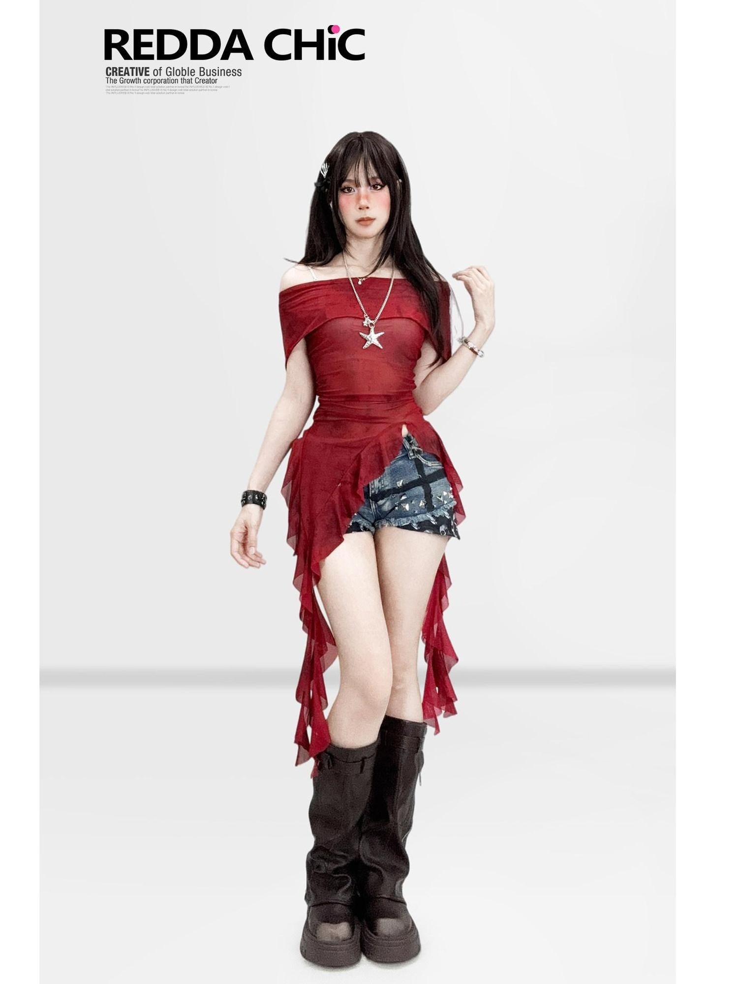 ReddaChic Figure Flattering Burgundy Mesh Vintage Slim Fit Womens Party Mini Skirts