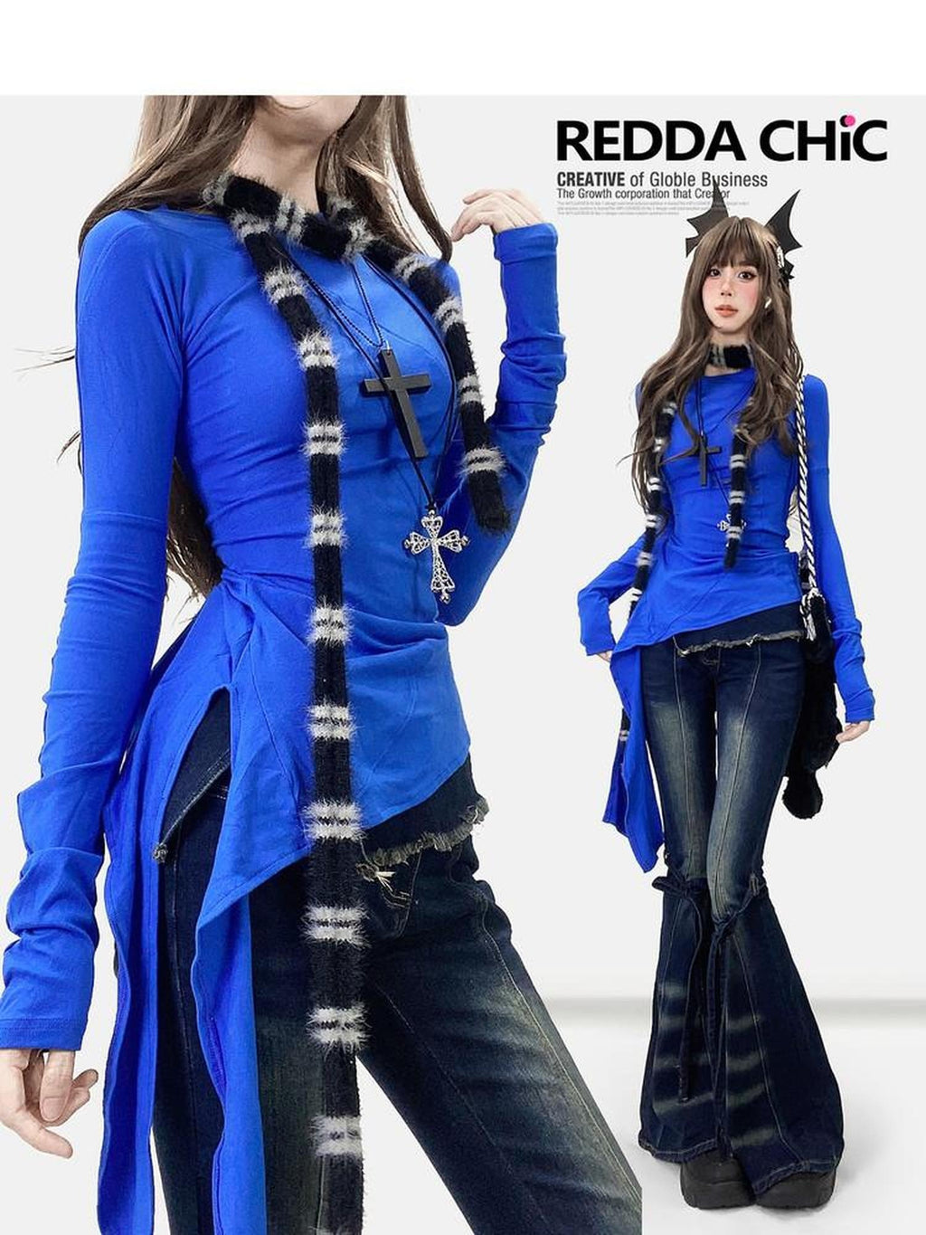 ReddaChic Figure Flattering Casual Slim Fit Klein Blue Women High Rise Stretch Flare Jeans
