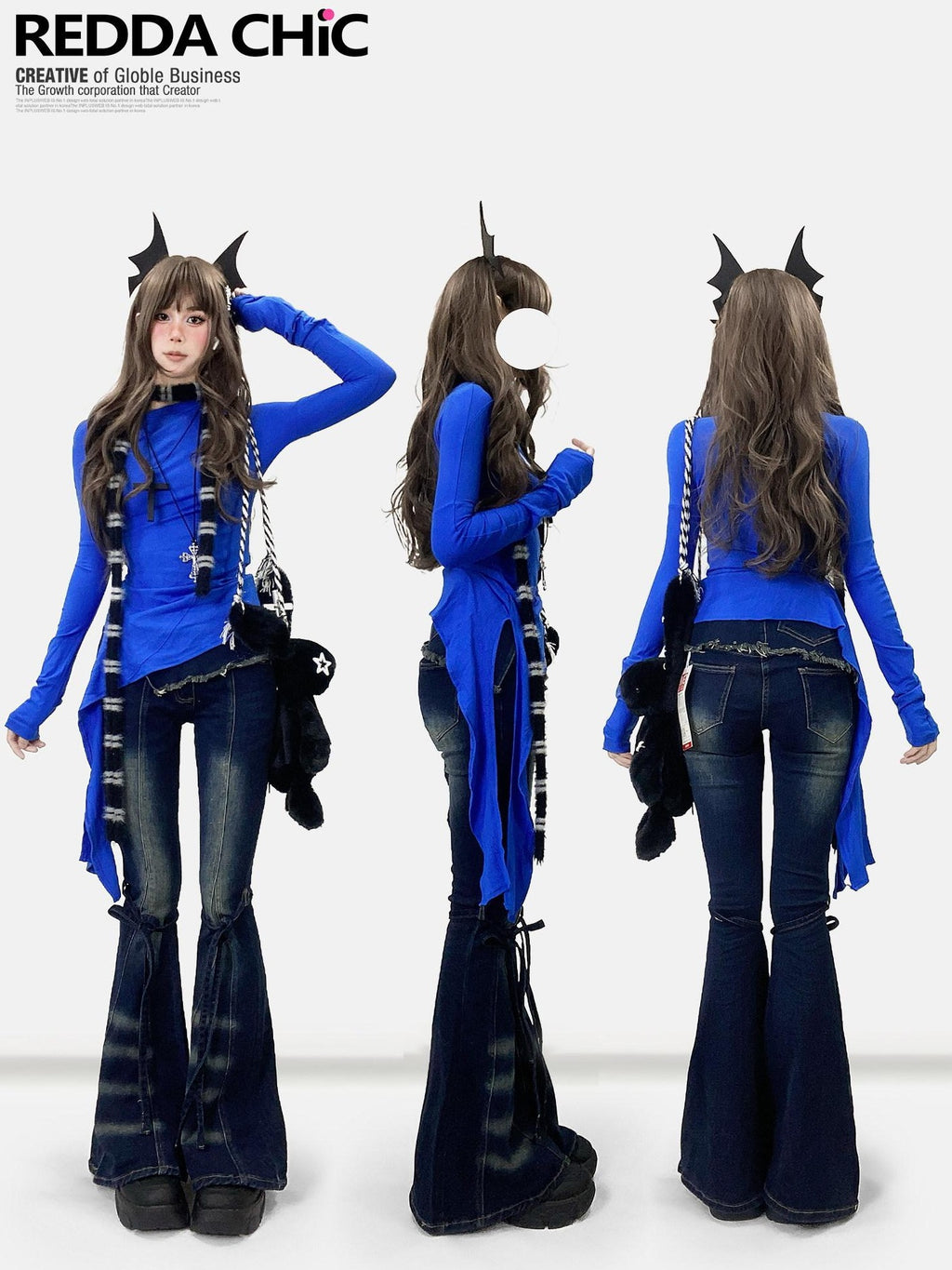 ReddaChic Figure Flattering Casual Slim Fit Klein Blue Women High Rise Stretch Flare Jeans
