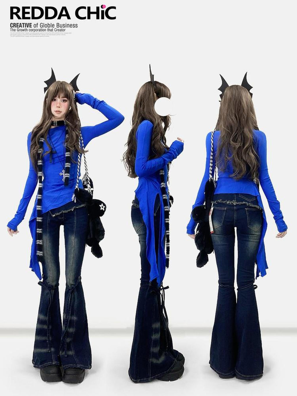 ReddaChic Figure Flattering Casual Slim Fit Klein Blue Women High Rise Stretch Flare Jeans