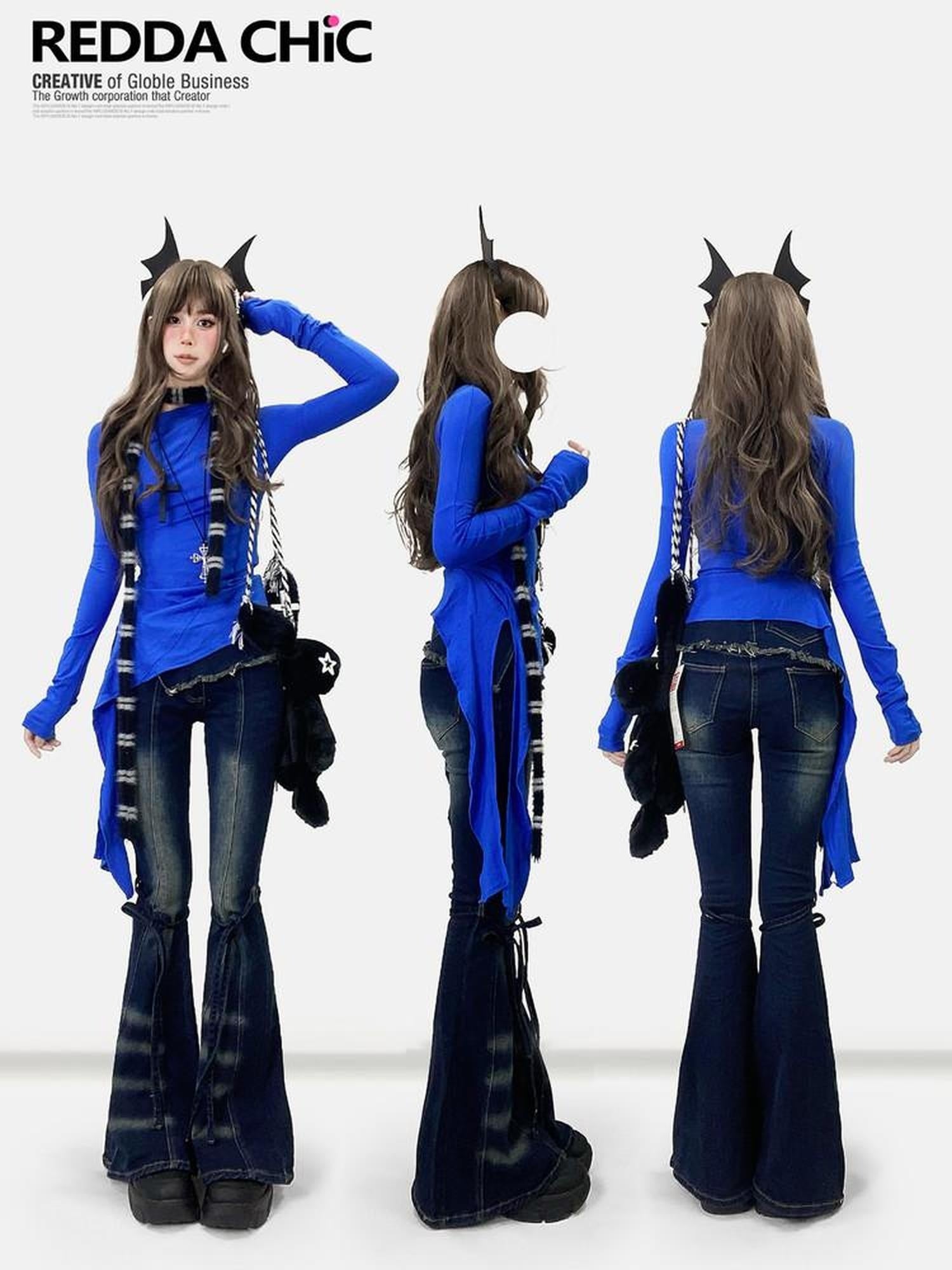 ReddaChic Figure Flattering Casual Slim Fit Klein Blue Women High Rise Stretch Flare Jeans
