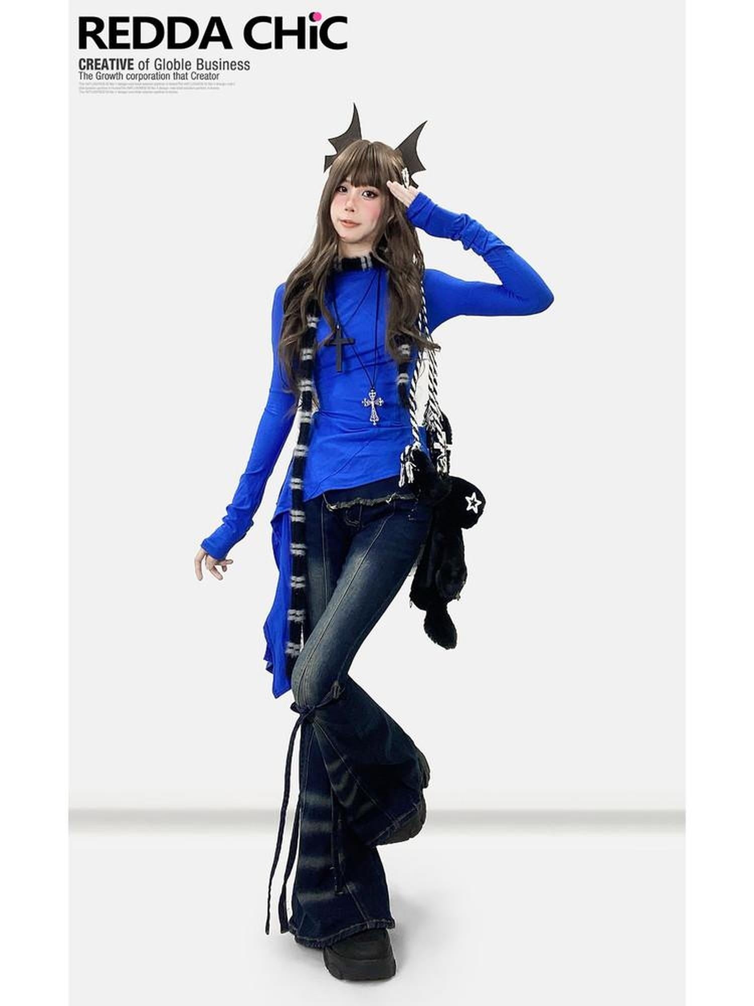 ReddaChic Figure Flattering Casual Slim Fit Klein Blue Women High Rise Stretch Flare Jeans