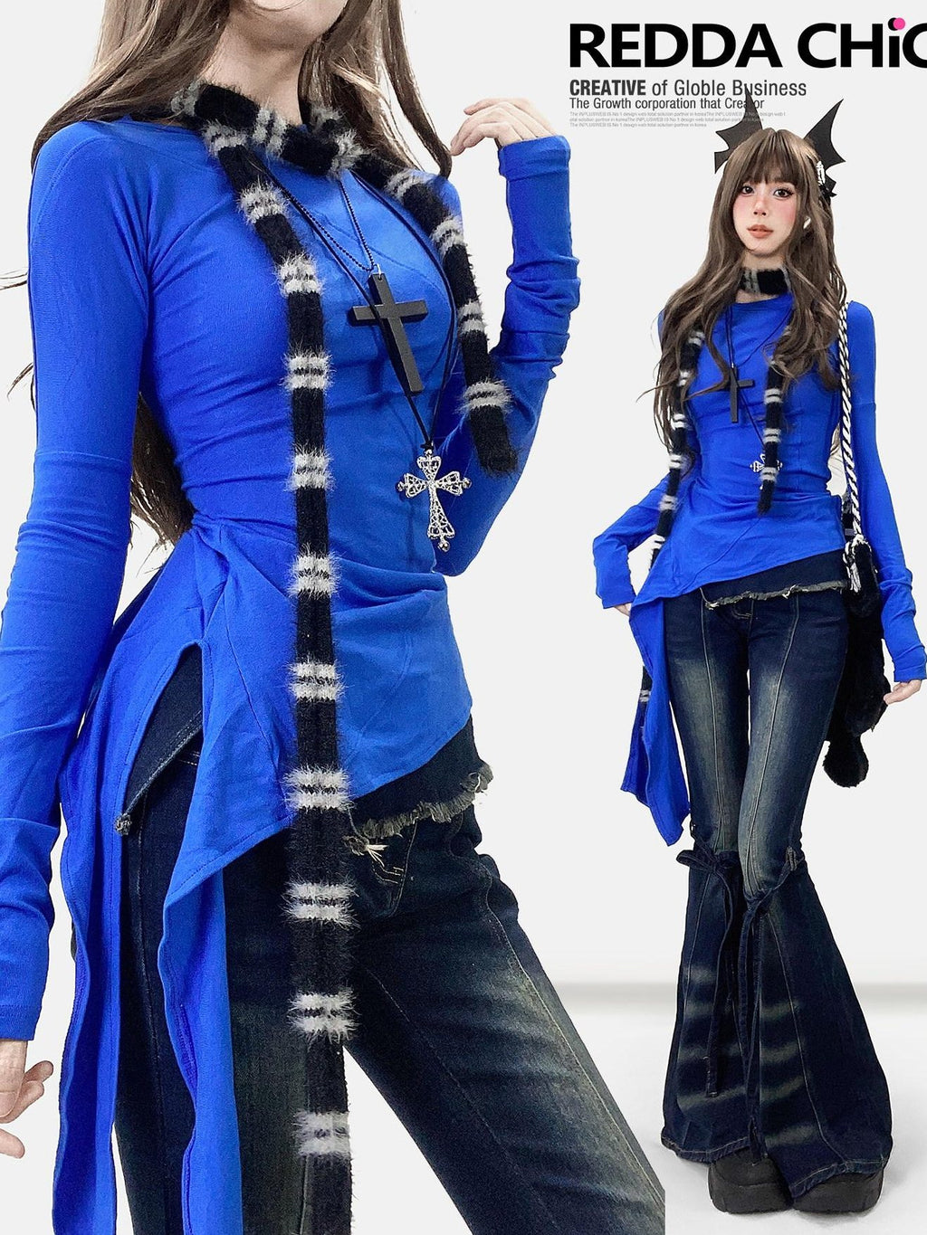 ReddaChic Figure Flattering Casual Slim Fit Klein Blue Women High Rise Stretch Flare Jeans