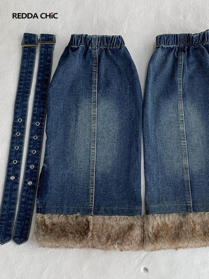 ReddaChic Figure Flattering Denim European American Casual Unisex Blue Puffer Jackets