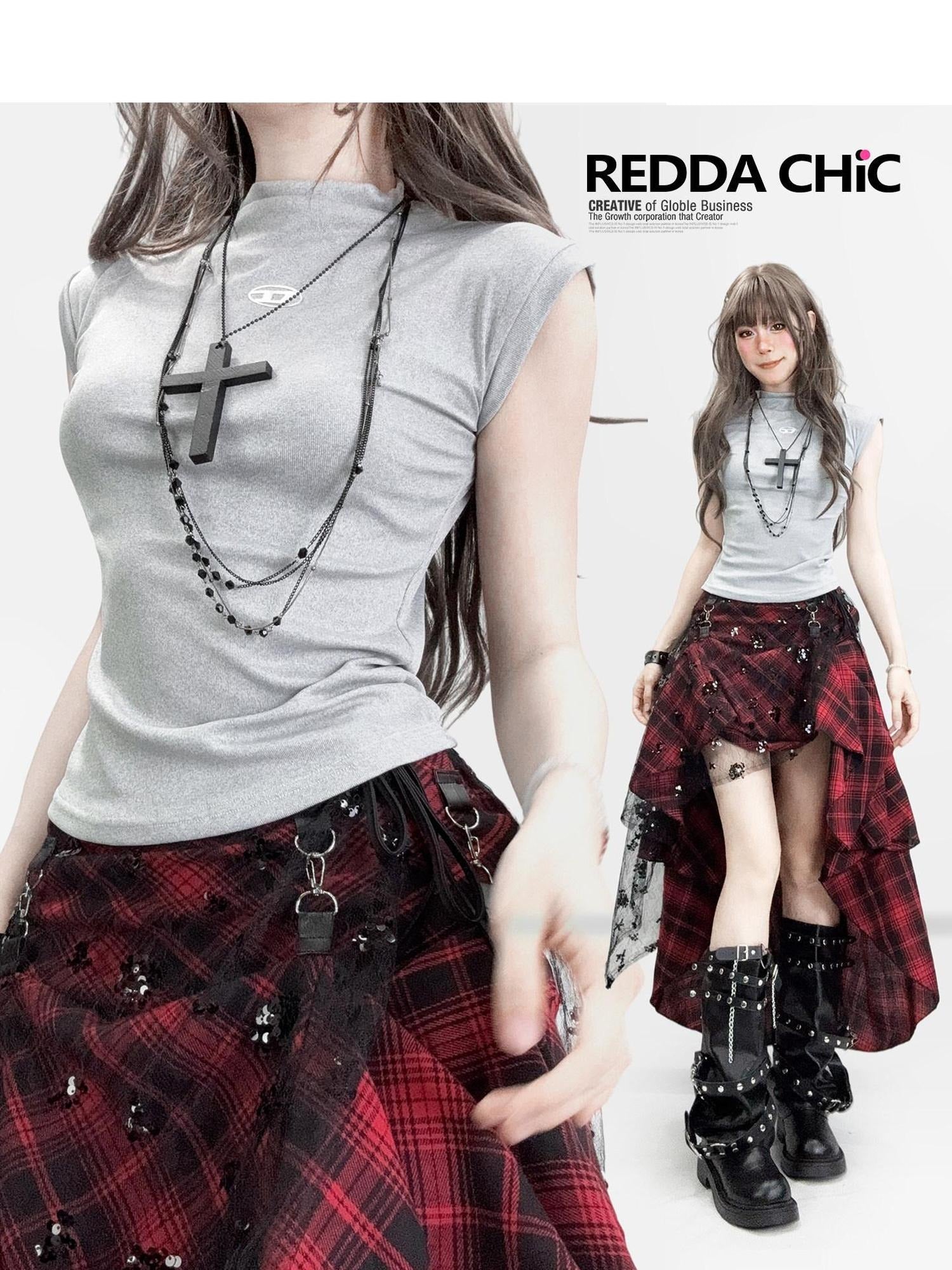 ReddaChic Figure Flattering Vintage Slim Fit Short Grey Blue Polyester Mini Skirts