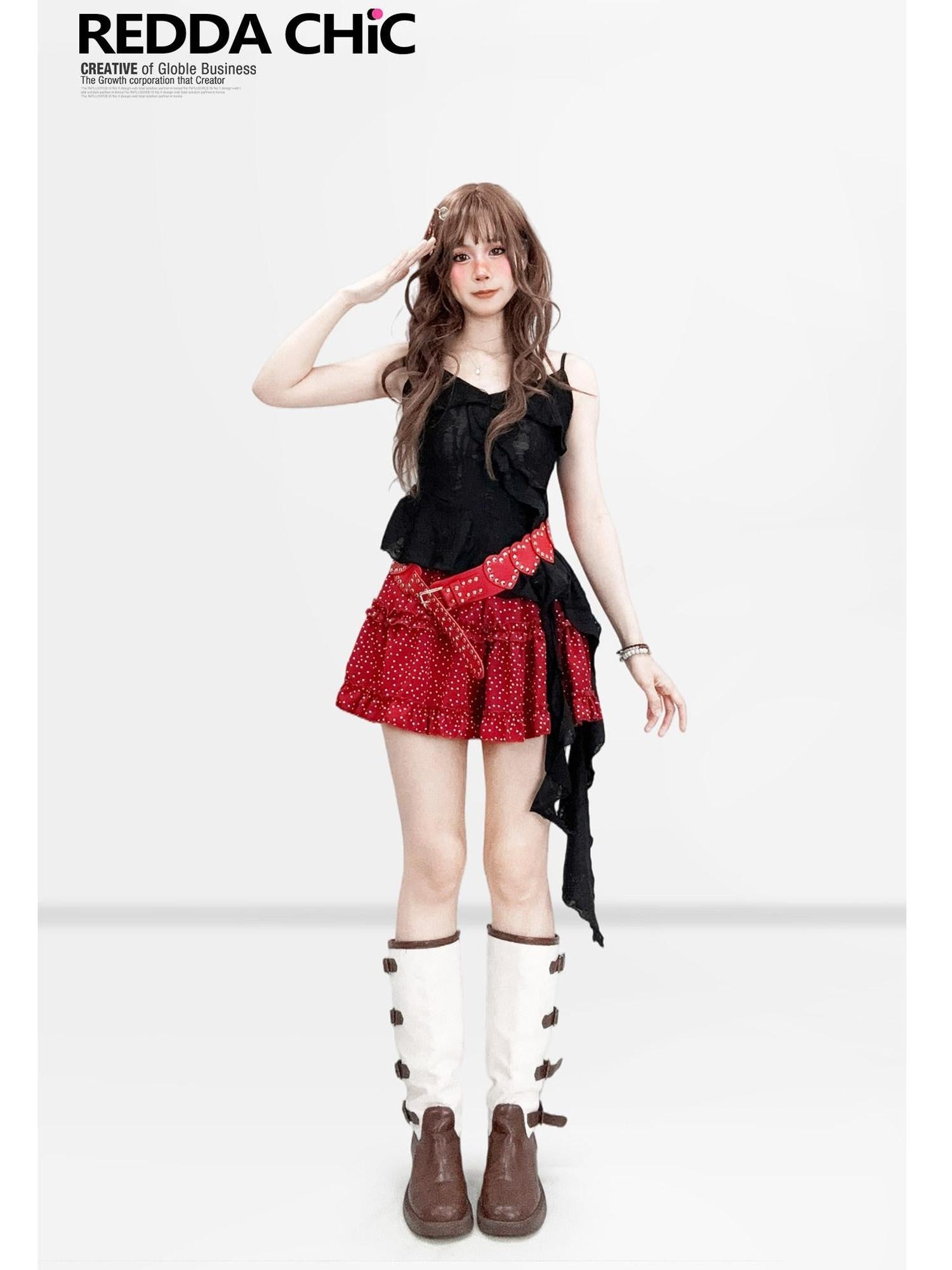 ReddaChic Flattering High Waist Tiered Ruffle Y2K Women Wine Red Printed Slip Midi Dresses