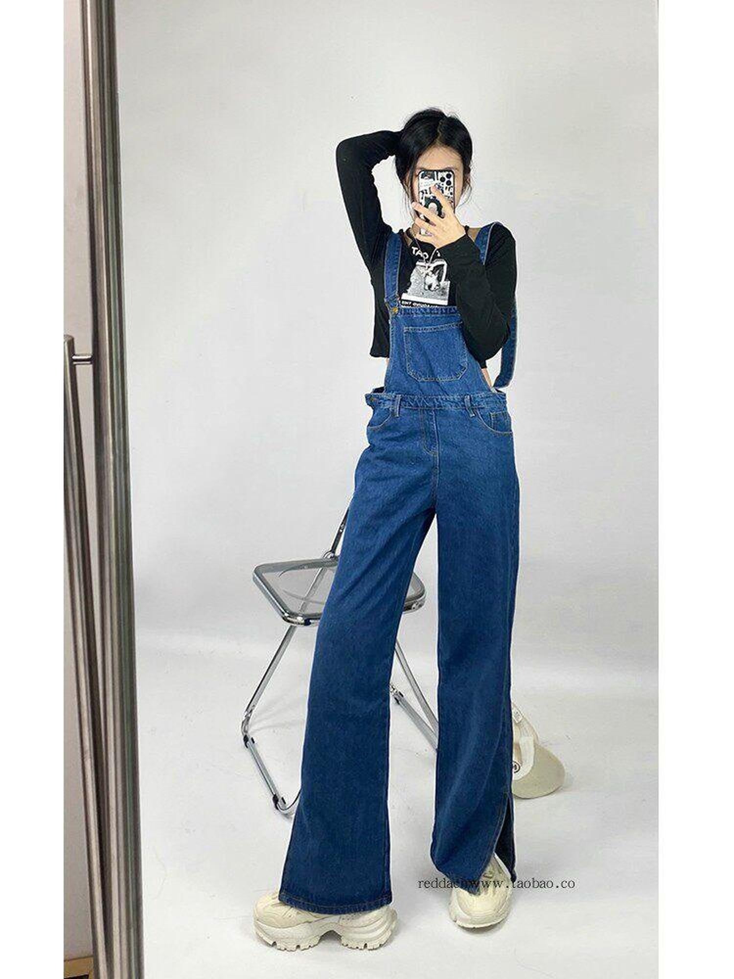 ReddaChic Flattering High Waist Washed Denim Suspenders Zipper Dark Blue Maxi Skirts