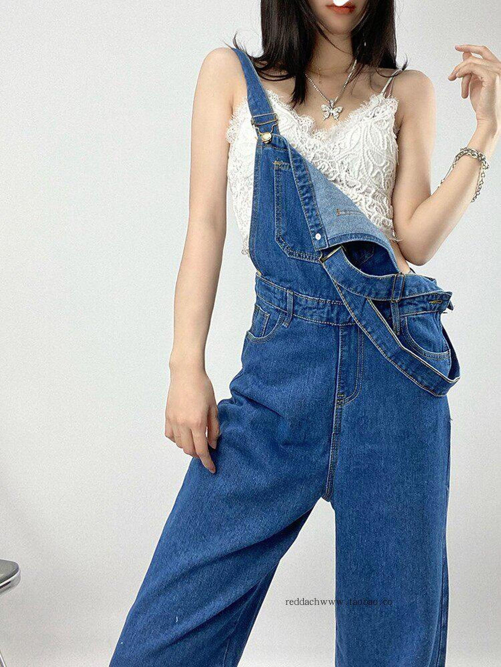 ReddaChic Flattering High Waist Washed Denim Suspenders Zipper Dark Blue Maxi Skirts