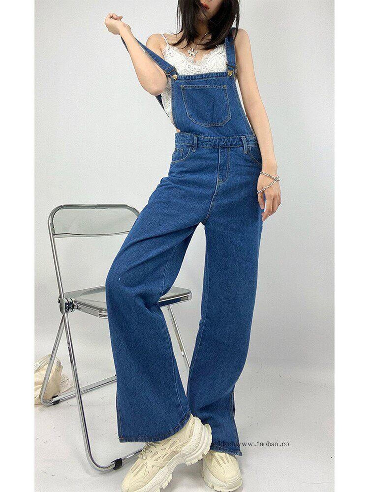 ReddaChic Flattering High Waist Washed Denim Suspenders Zipper Dark Blue Maxi Skirts