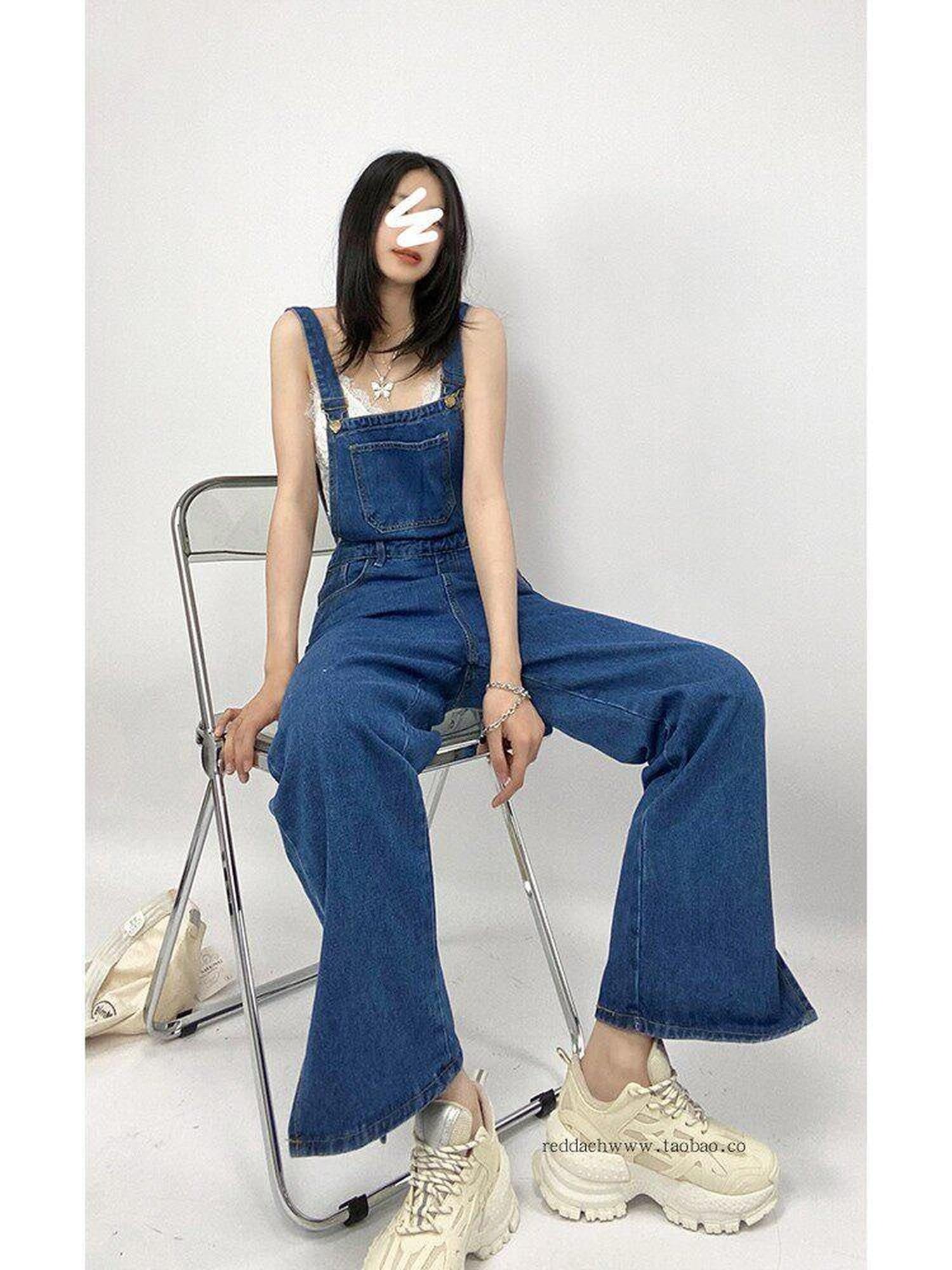 ReddaChic Flattering High Waist Washed Denim Suspenders Zipper Dark Blue Maxi Skirts