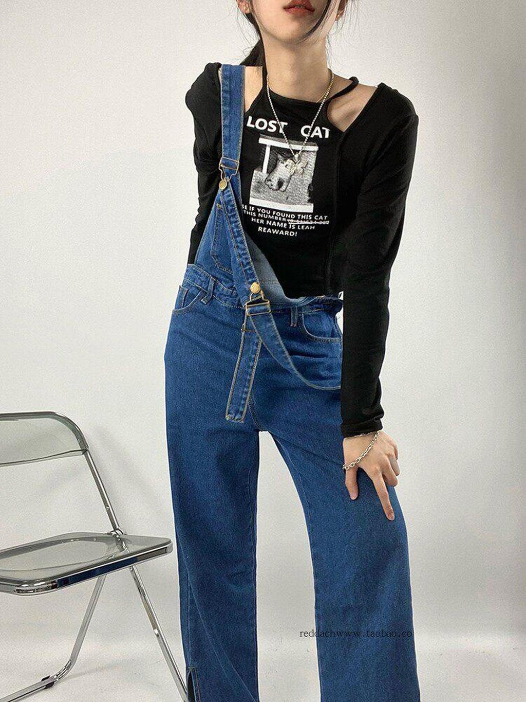 ReddaChic Flattering High Waist Washed Denim Suspenders Zipper Dark Blue Maxi Skirts