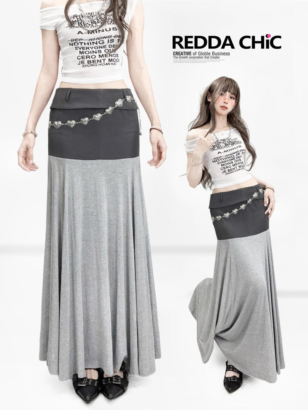 ReddaChic Flattering Low Waist A Line Patchwork Loose Fit Women Gray S M L Mini Skirts