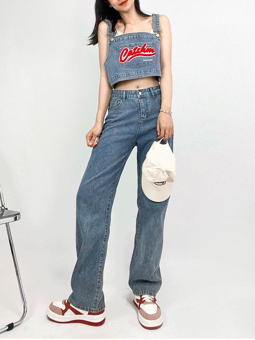 ReddaChic Flattering Patterned High Waist Light Blue Denim Suspender Zipper Maxi Skirts