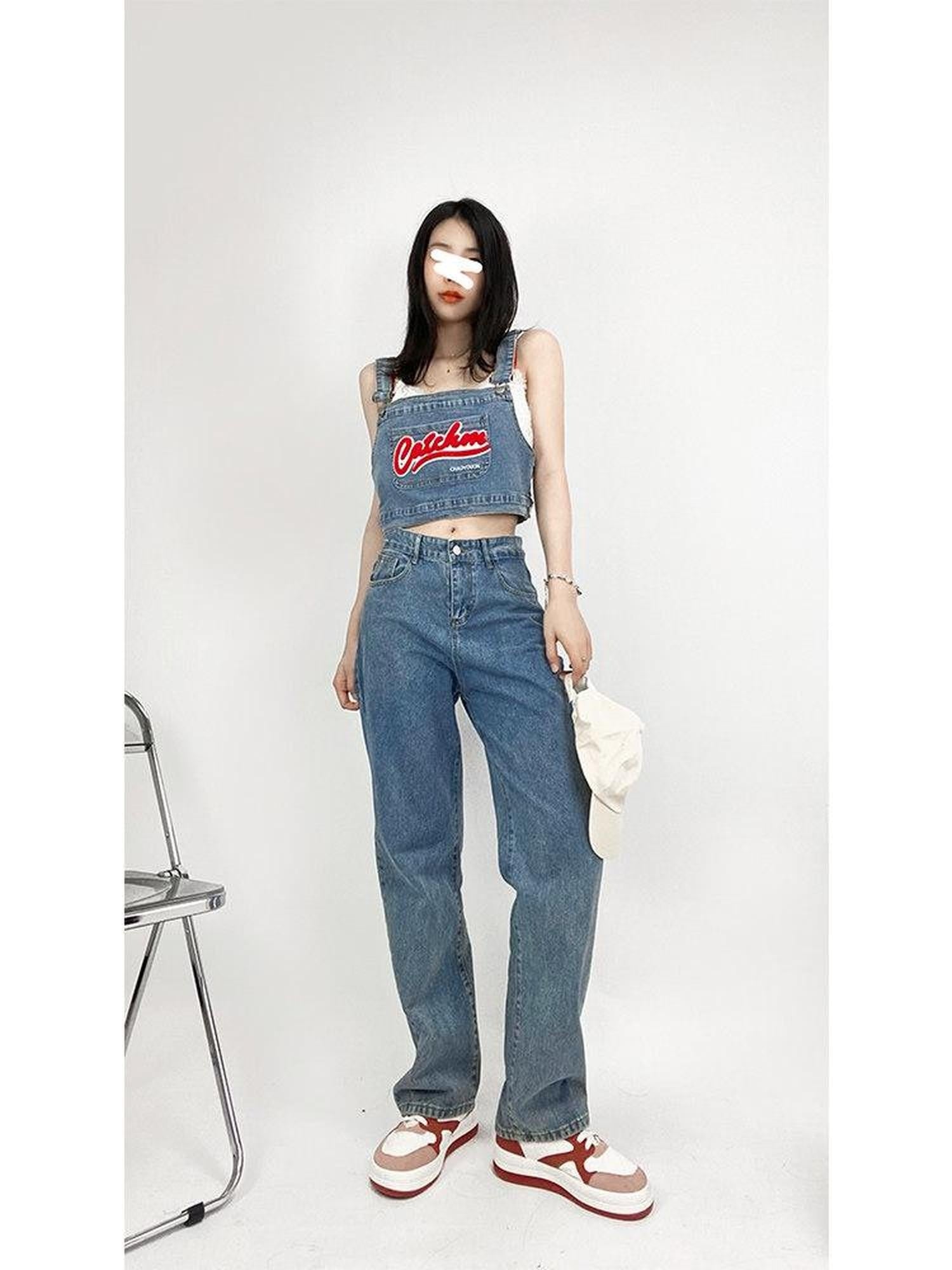 ReddaChic Flattering Patterned High Waist Light Blue Denim Suspender Zipper Maxi Skirts