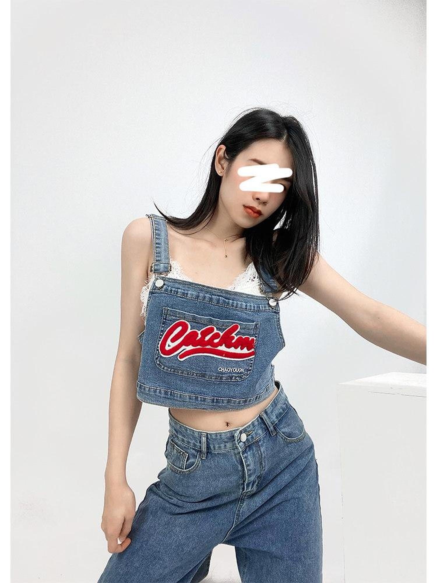 ReddaChic Flattering Patterned High Waist Light Blue Denim Suspender Zipper Maxi Skirts