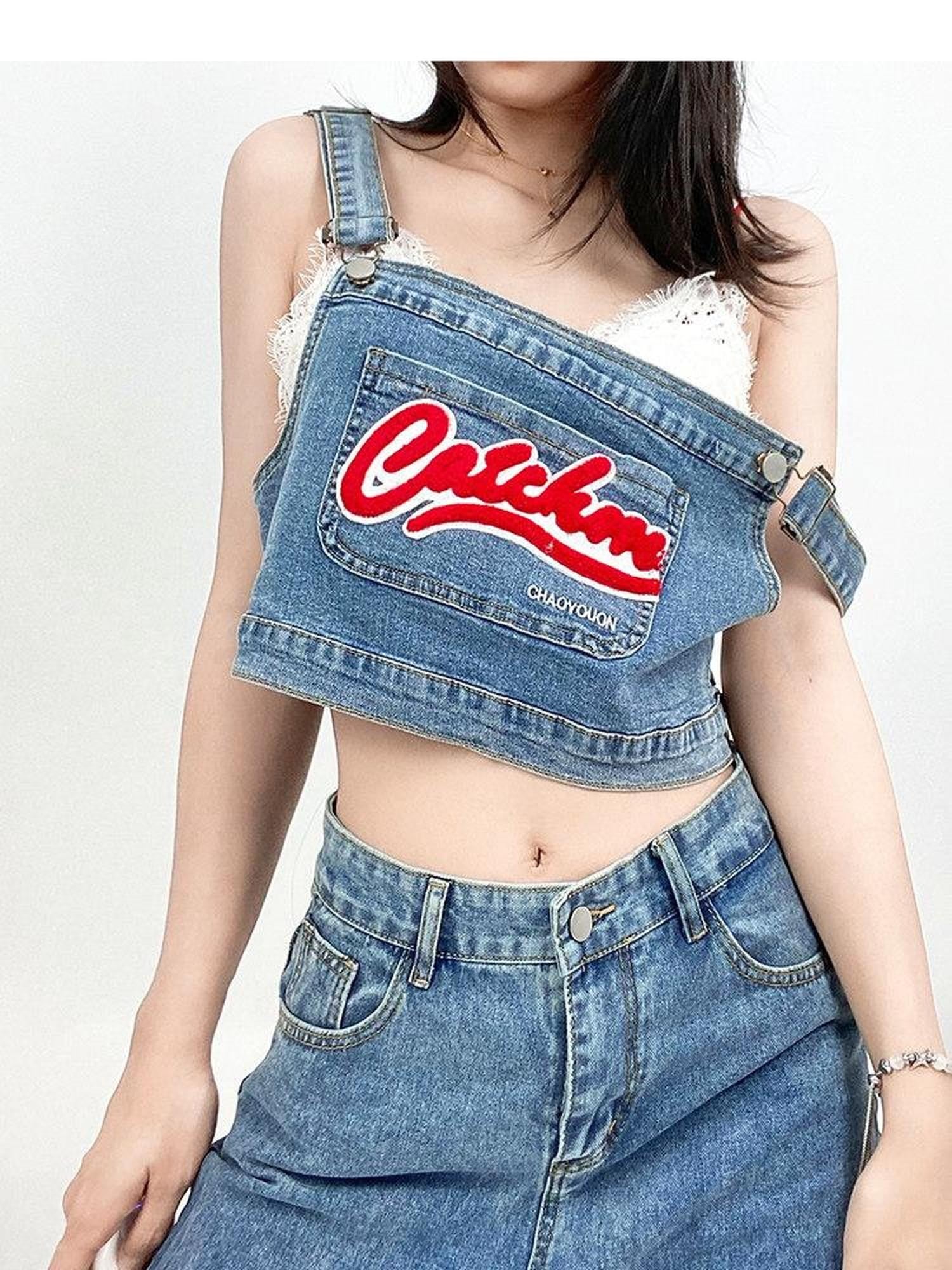 ReddaChic Flattering Patterned High Waist Light Blue Denim Suspender Zipper Maxi Skirts