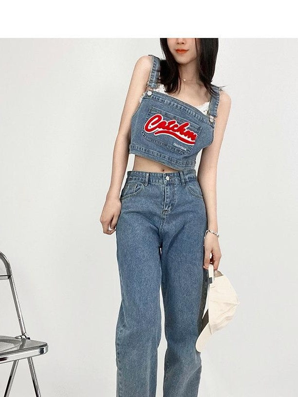 ReddaChic Flattering Patterned High Waist Light Blue Denim Suspender Zipper Maxi Skirts