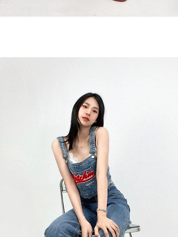 ReddaChic Flattering Patterned High Waist Light Blue Denim Suspender Zipper Maxi Skirts